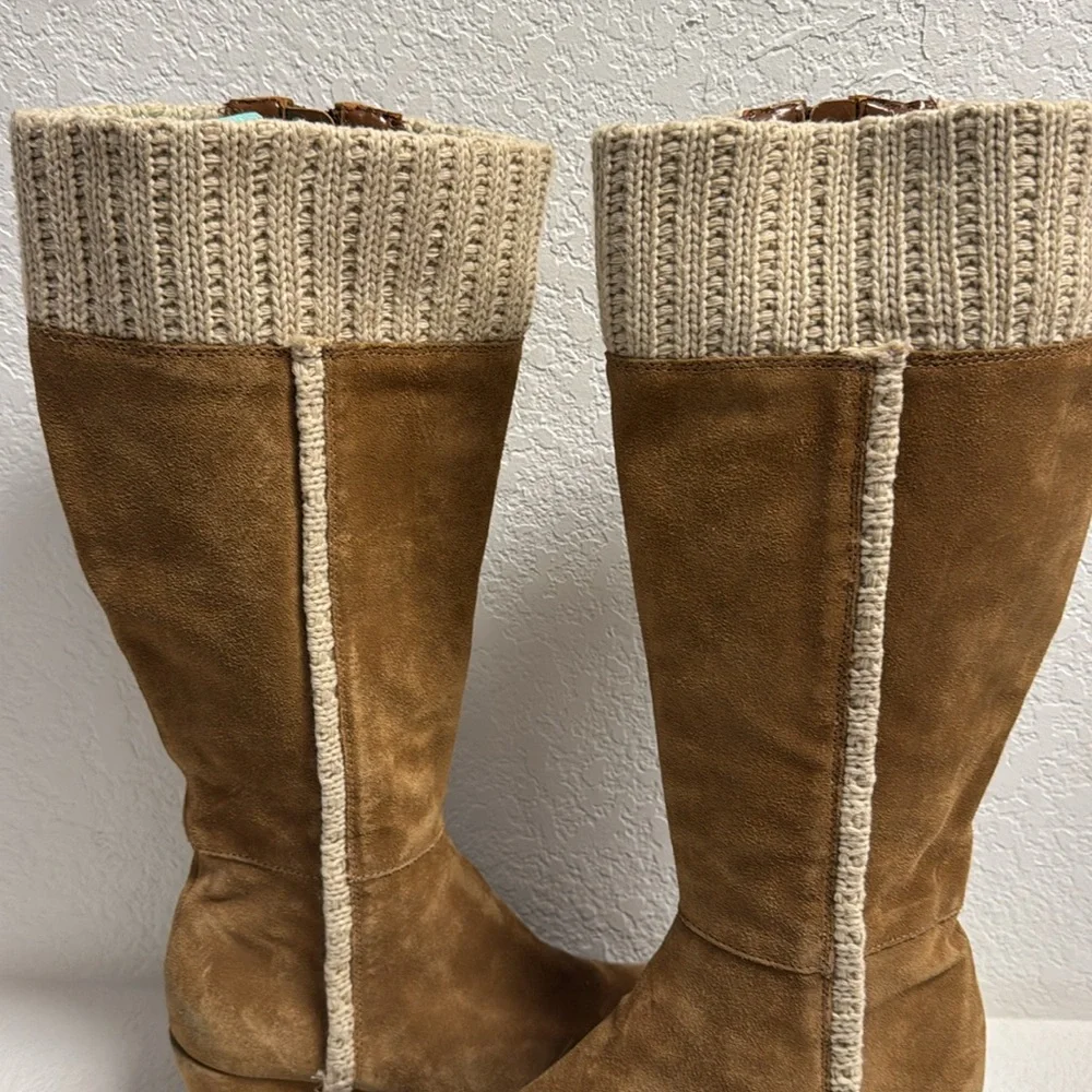 Leather Suede Tan Knee-High wedge Boots 8 - Picture 3 of 13